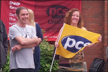 DWP group president Fran Heathcote (with flag) at Leeds Remploy picket line, 26.7.12, photo by K Williams 