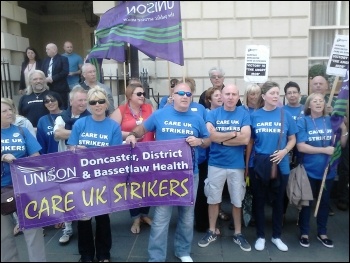 Striking Care UK workers outside the company's Mansion House in Doncaster, 09.08.14, photo Alistair Tice