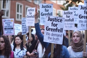 Grenfell fire demonstrators, 17.6.17;  Are we any closer to justice? photo Mary Finch
