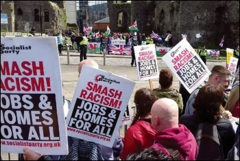 Socialist Party placards were prominent on the demo against the far right in Swansea, 27.4.19, photo by Gareth Bromhall