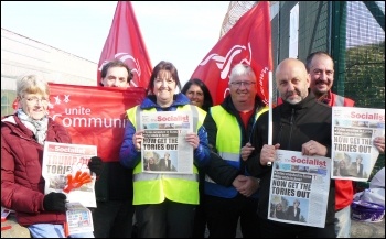 Mitie strikers at Sellafield with copies of the Socialist, 7.6.19, photo Robert Charlsworth