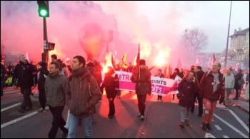 French workers demonstrating in Paris on Thursday 16 January 2020; now over 40 days of strike action have been taking  place against the governments attacks on pensions.