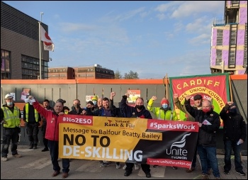 Sparks protest in Cardiff 28 April 2021, photo Dave Reid