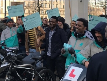 Deliveroo couriers on strike in Manchester in 2019, photo Socialist Party