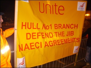 Banner outside ConocoPhilips� Humber refinery in Immingham, 14 December 2011, photo Alistair Tice
