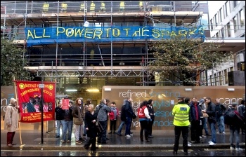 'All power to the Sparks' - Electrician construction workers: protest at Cannon Street, London , photo Paul Mattsson